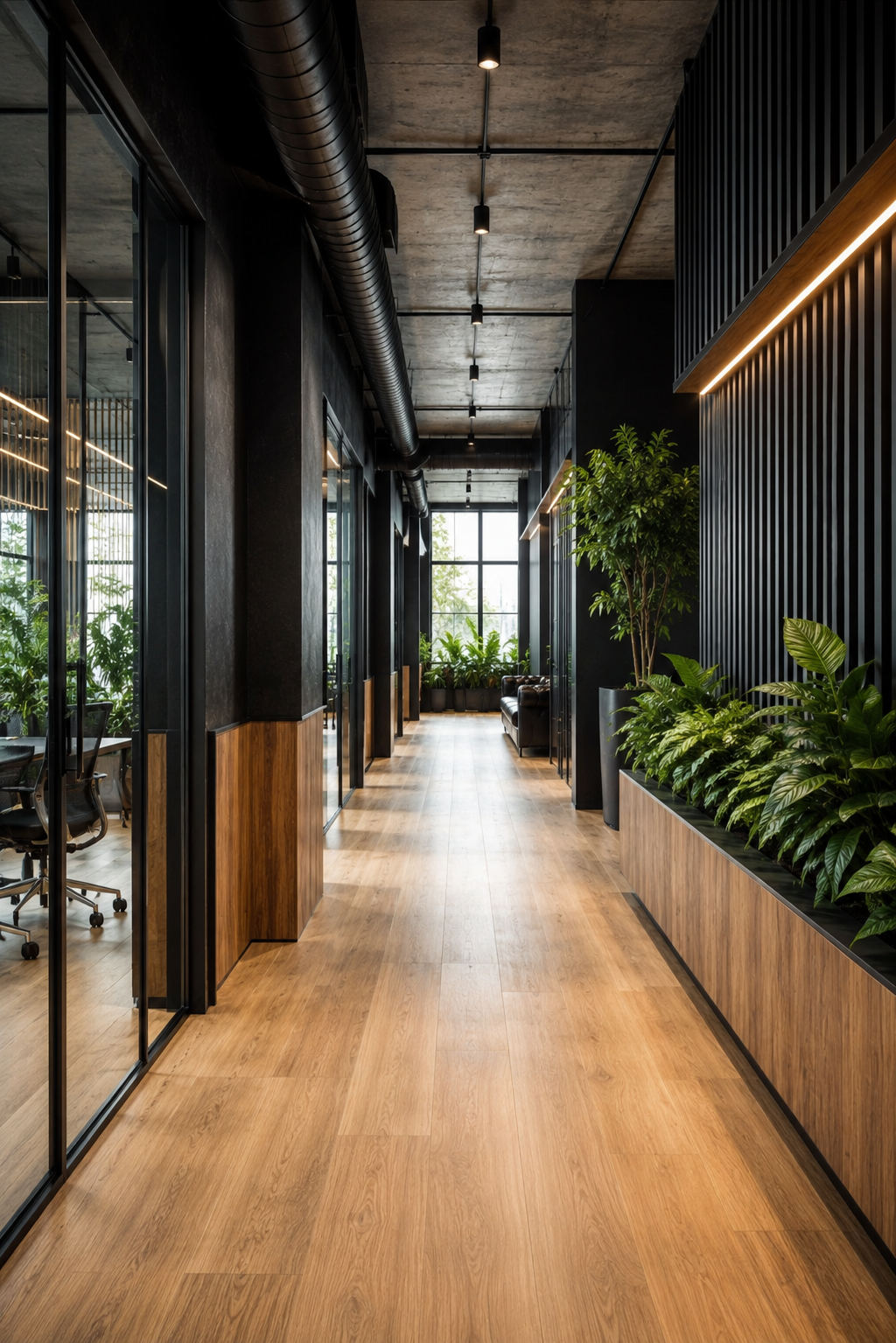 Modern industrial hallway with plants