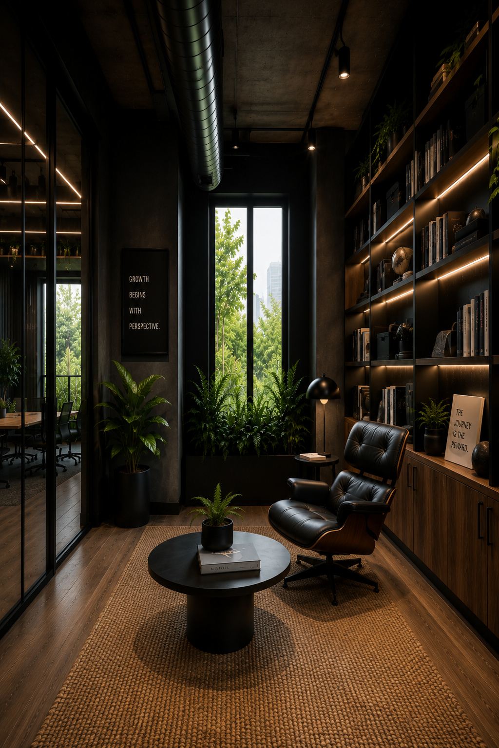 Quiet office reading lounge with comfortable seating, curated bookshelves, natural lighting, and thoughtfully designed workplace relaxation space.