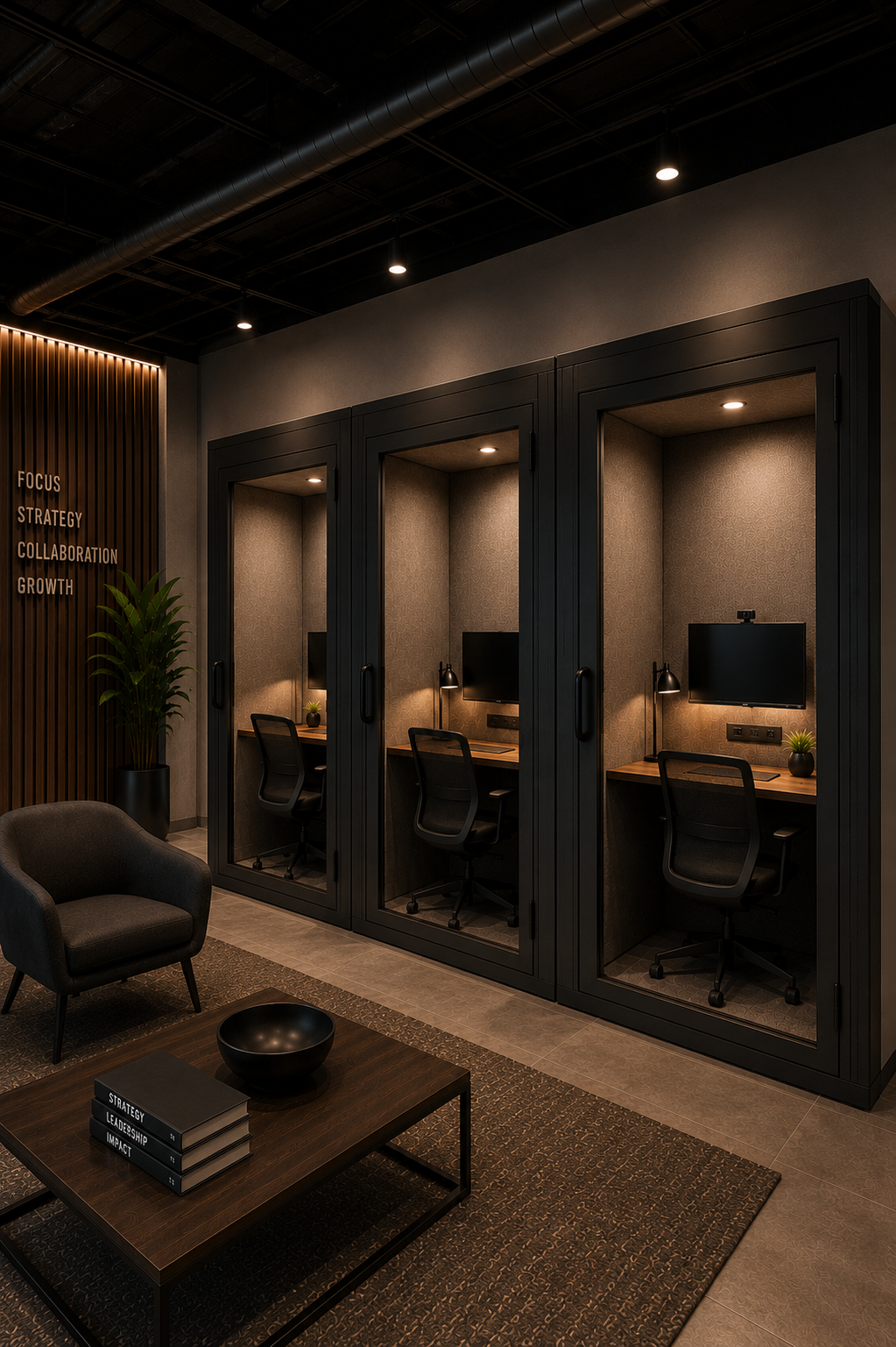 Row of private acoustic office pods with individual workstations, monitors, ergonomic seating, and soundproof booths designed for focused work and video conferences.