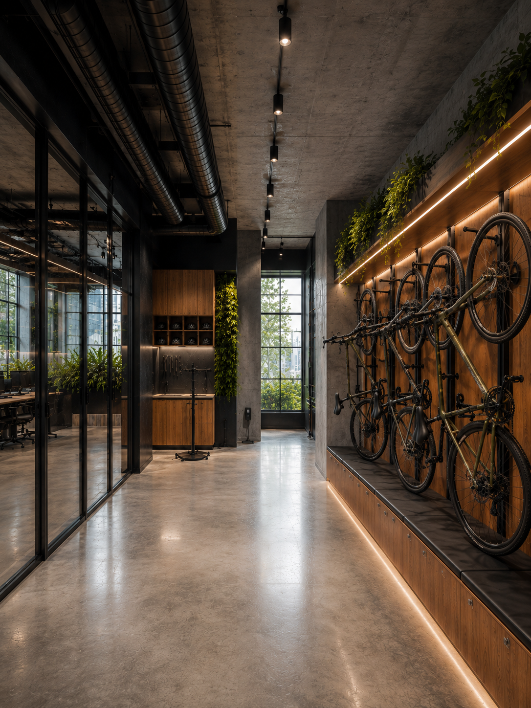 Ultra-modern office bike storage with wall-mounted bicycles, warm wood panels, concrete floors, and integrated greenery.