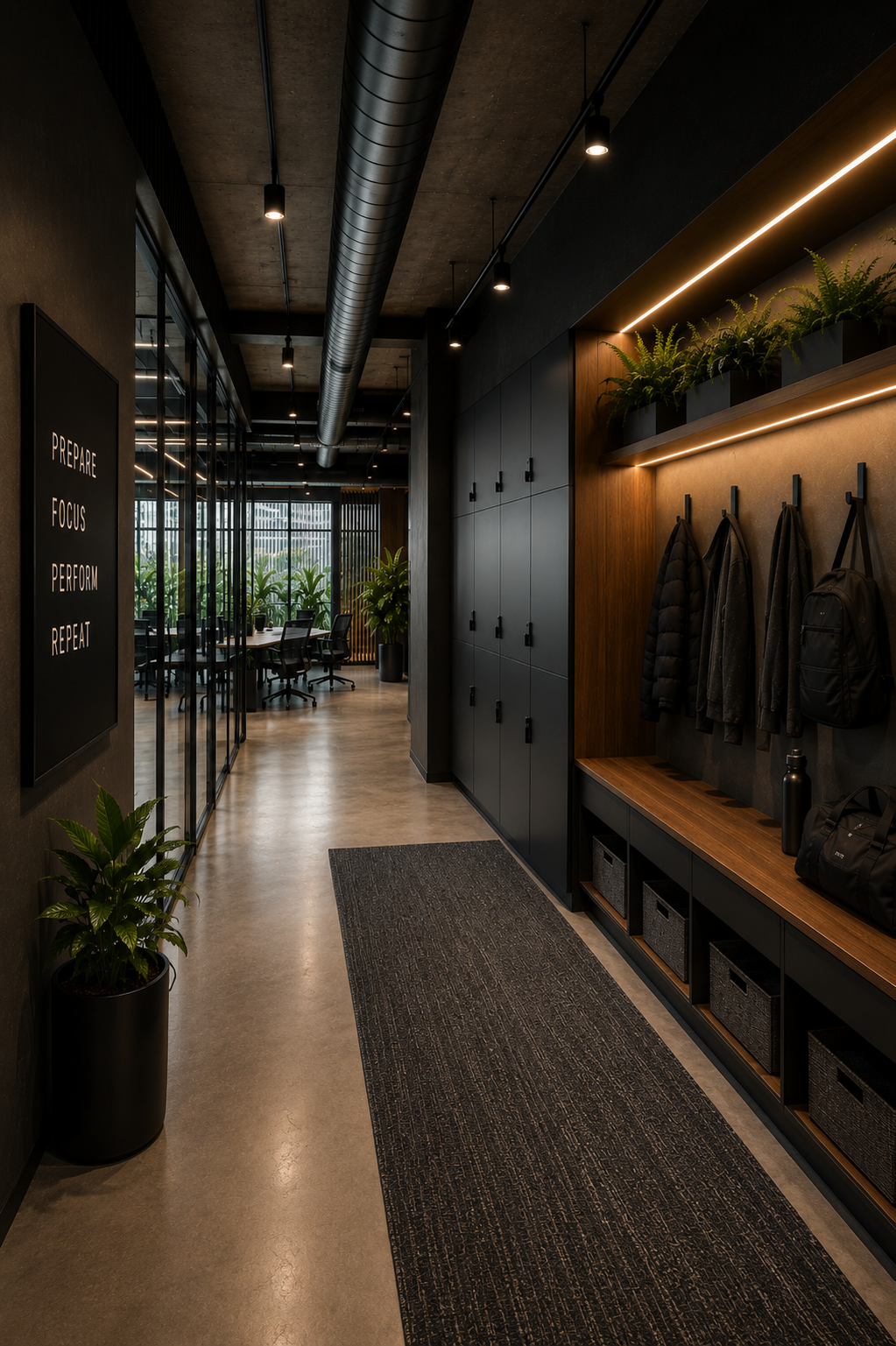 Contemporary office locker room with custom storage lockers, seating, and premium workplace amenities designed for employee convenience and organization.