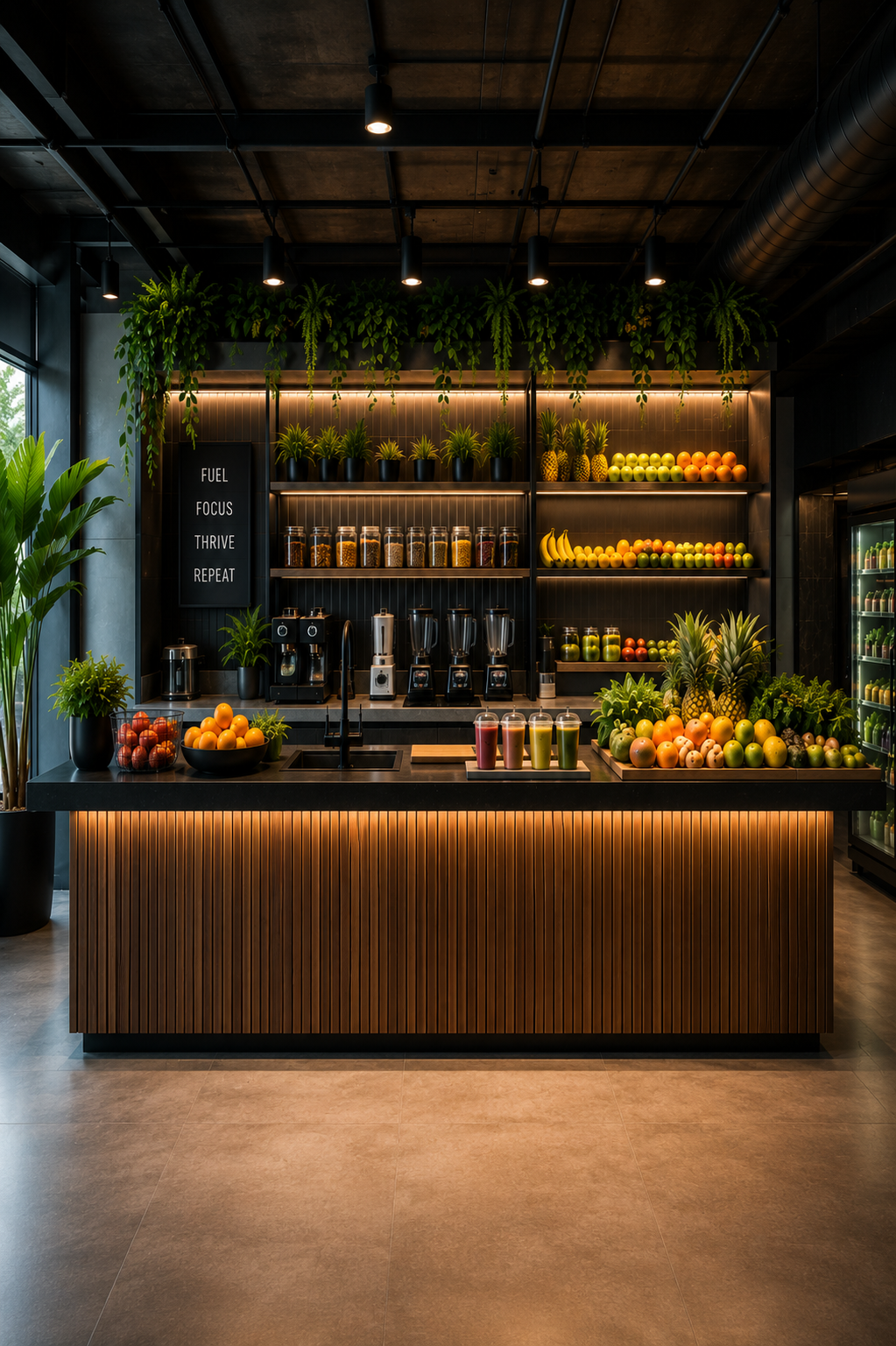 Contemporary office smoothie bar featuring fresh fruit, healthy refreshments, premium appliances, and employee wellness amenities within a modern workplace.