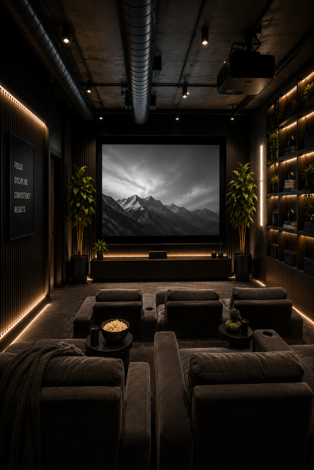 Modern office projection room with cinema-style seating, large presentation screen, acoustic finishes, and premium corporate meeting environment.