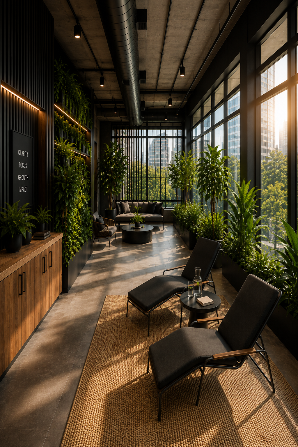 Contemporary office solarium with indoor plants, abundant daylight, comfortable seating, and biophilic workplace design promoting employee wellbeing.