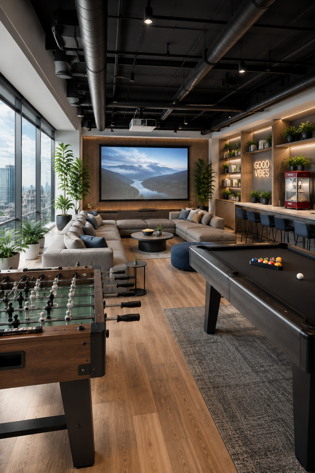 Salle de jeux moderne avec vue sur la ville
