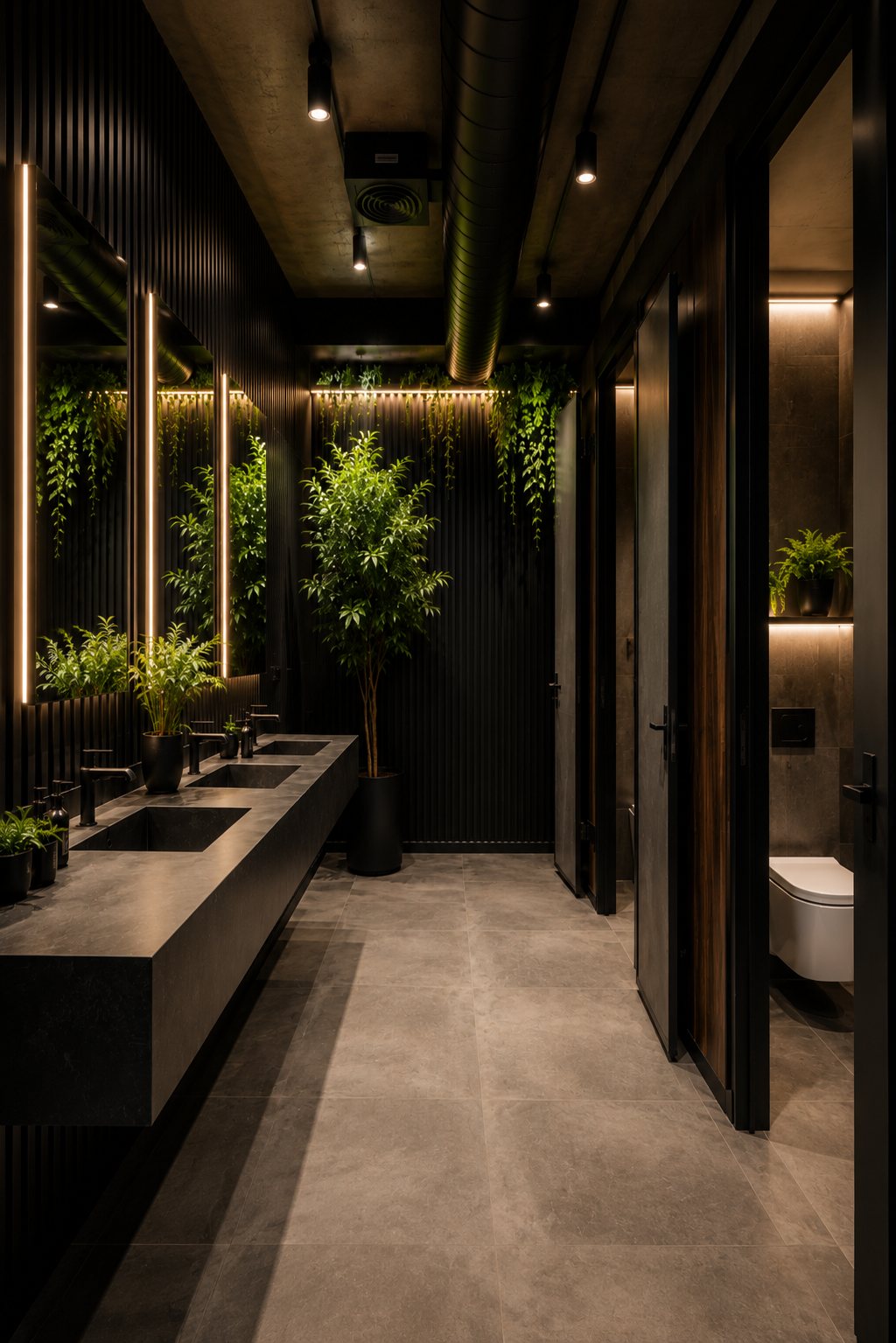 Elegant corporate office bathroom with premium finishes, wood accents, modern fixtures, and contemporary workplace wellness design.