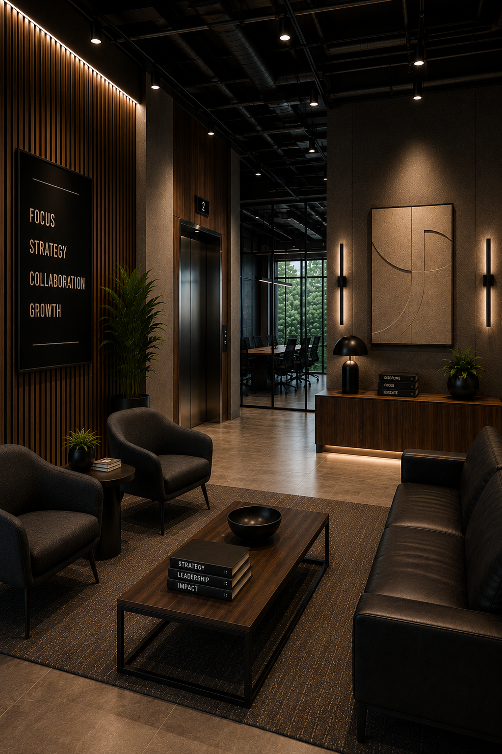 Elegant corporate reception lounge with comfortable seating, premium interior design, natural materials, and welcoming modern office reception area.