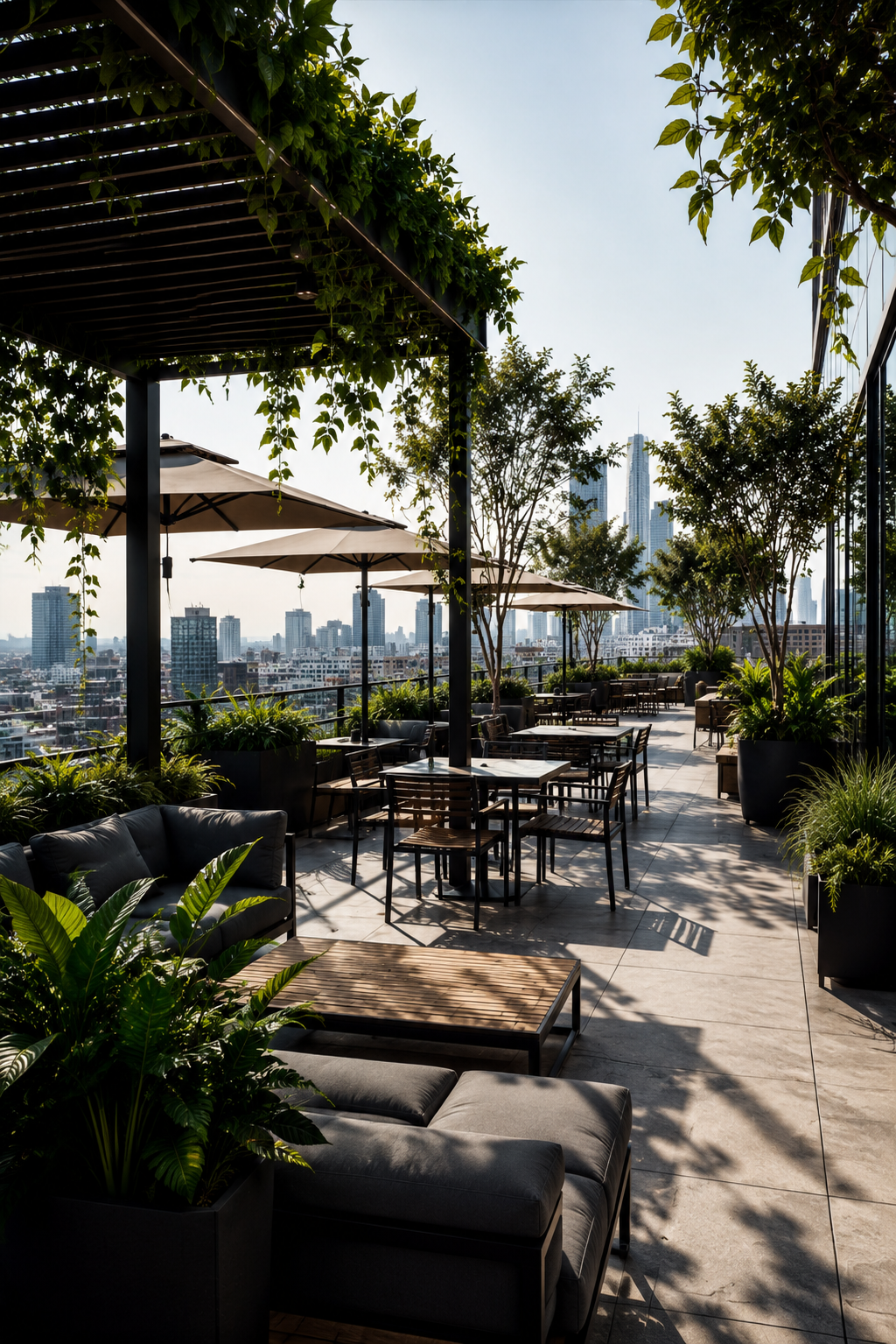 Modern terrace with a city view