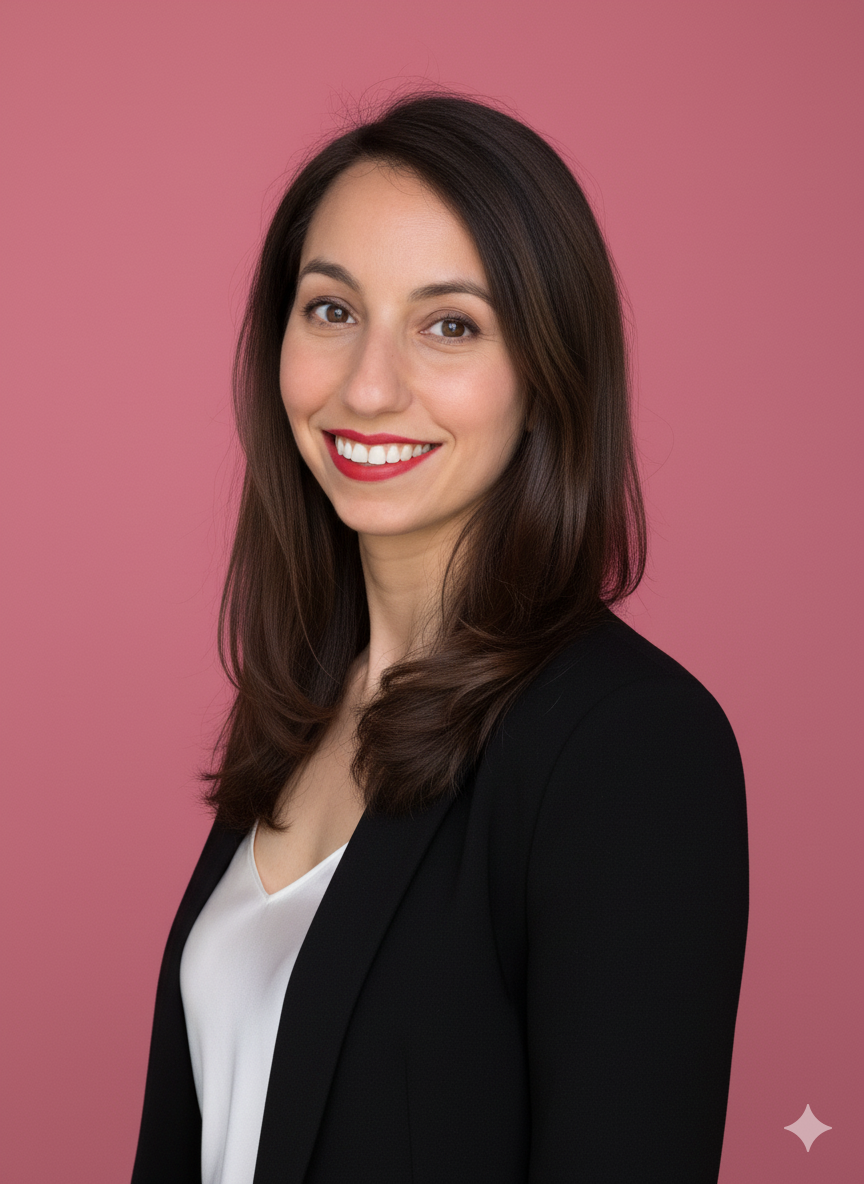 Portrait of a young woman with long brown hair, wearing a black blazer over a white top, smiling against a pink background.