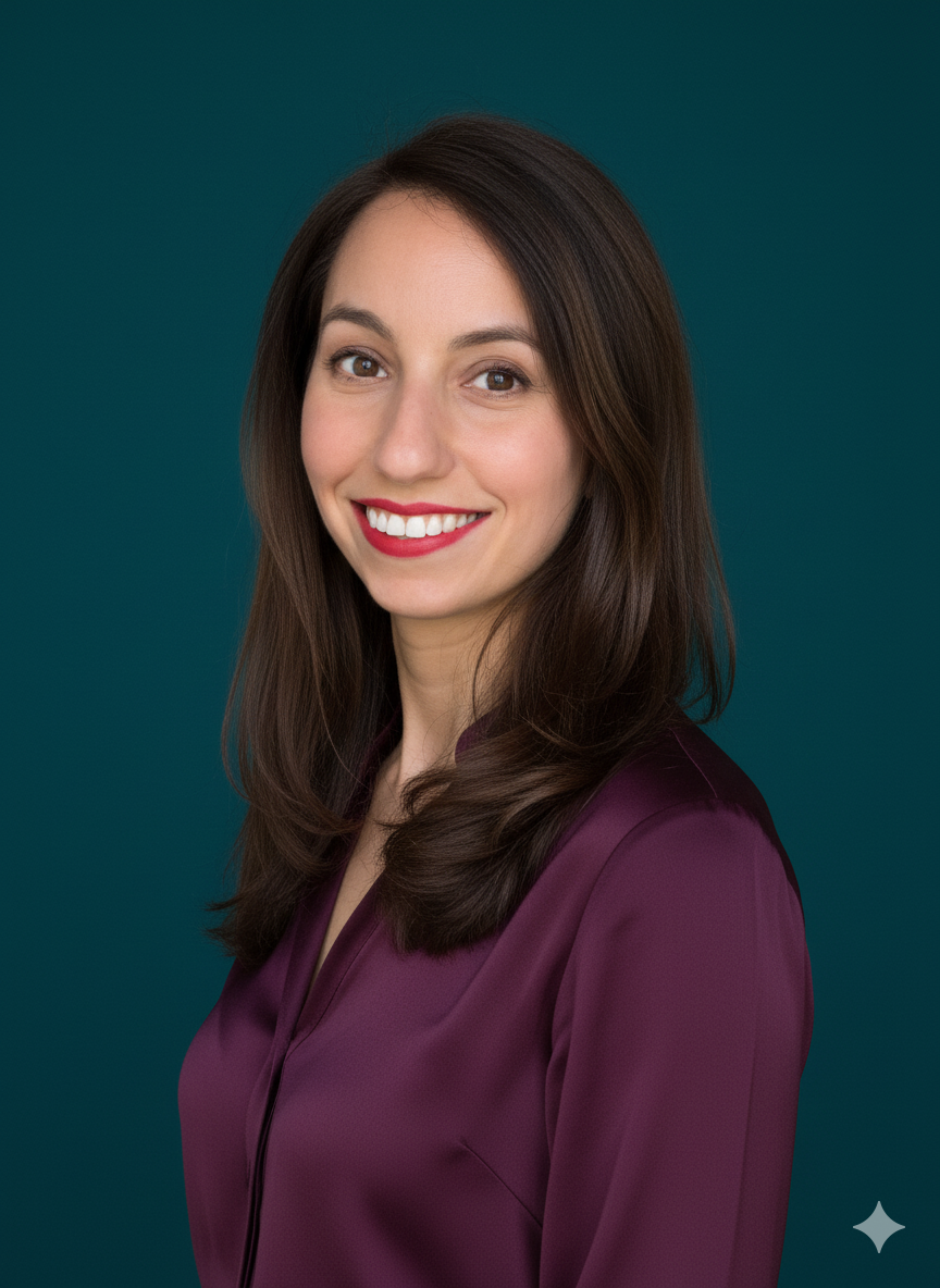 A woman with brown hair and a bright smile wearing a purple top against a teal background.