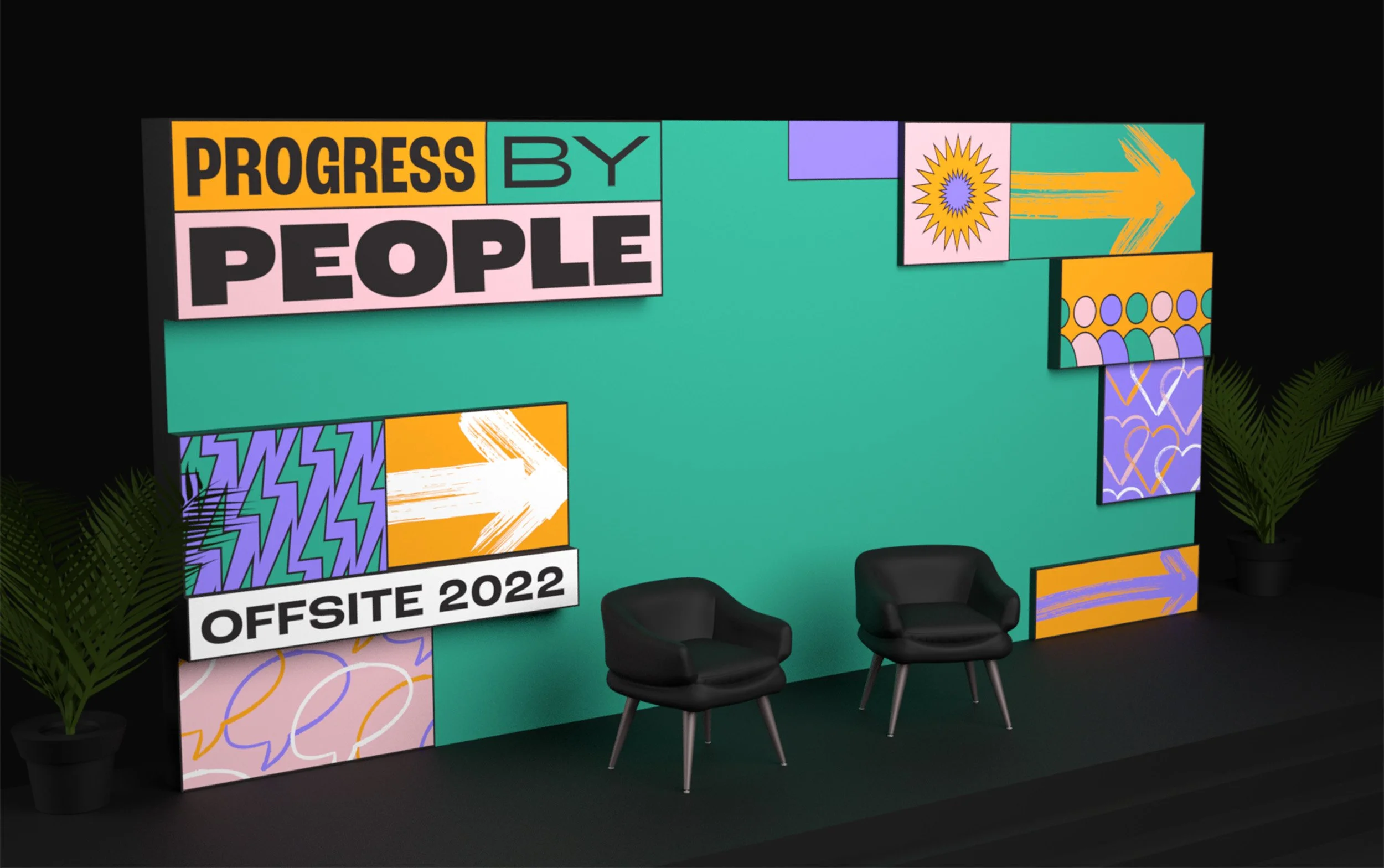 Progress by People stage design with illustrations: sunbursts, arrows, hearts, people, lightning