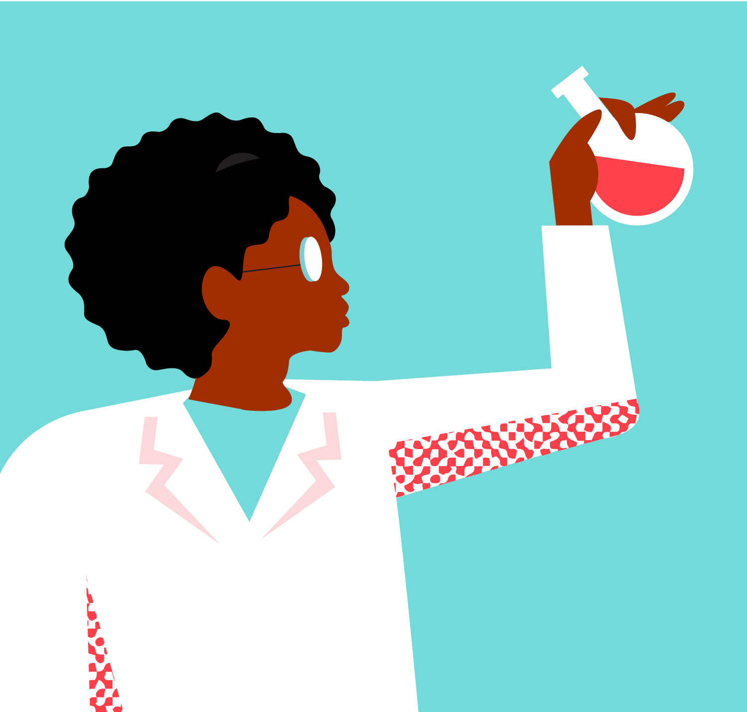 Custom inclusive illustration of female scientist holding beaker by Grafik Design Co.