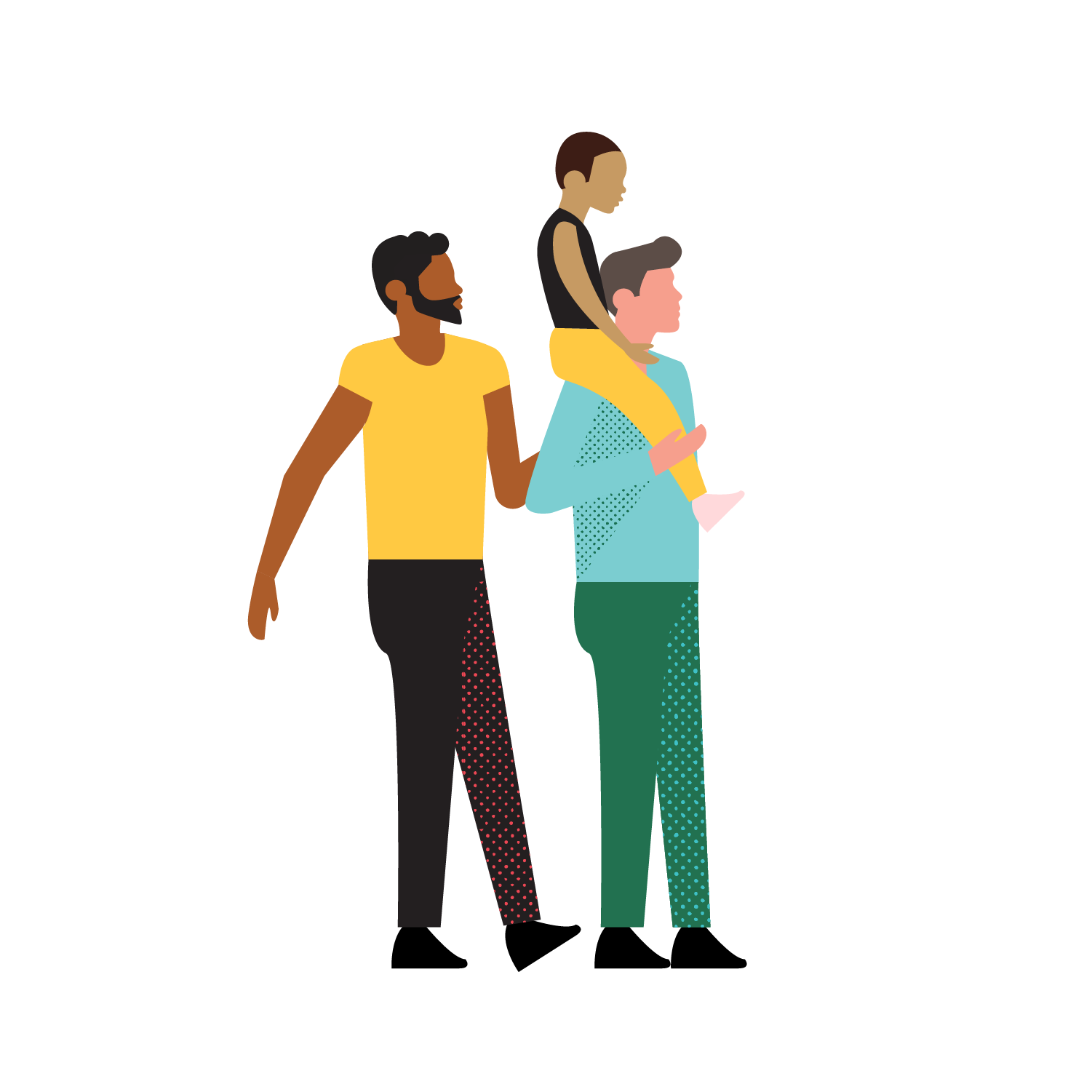 Illustration: Male couple with kid on shoulders