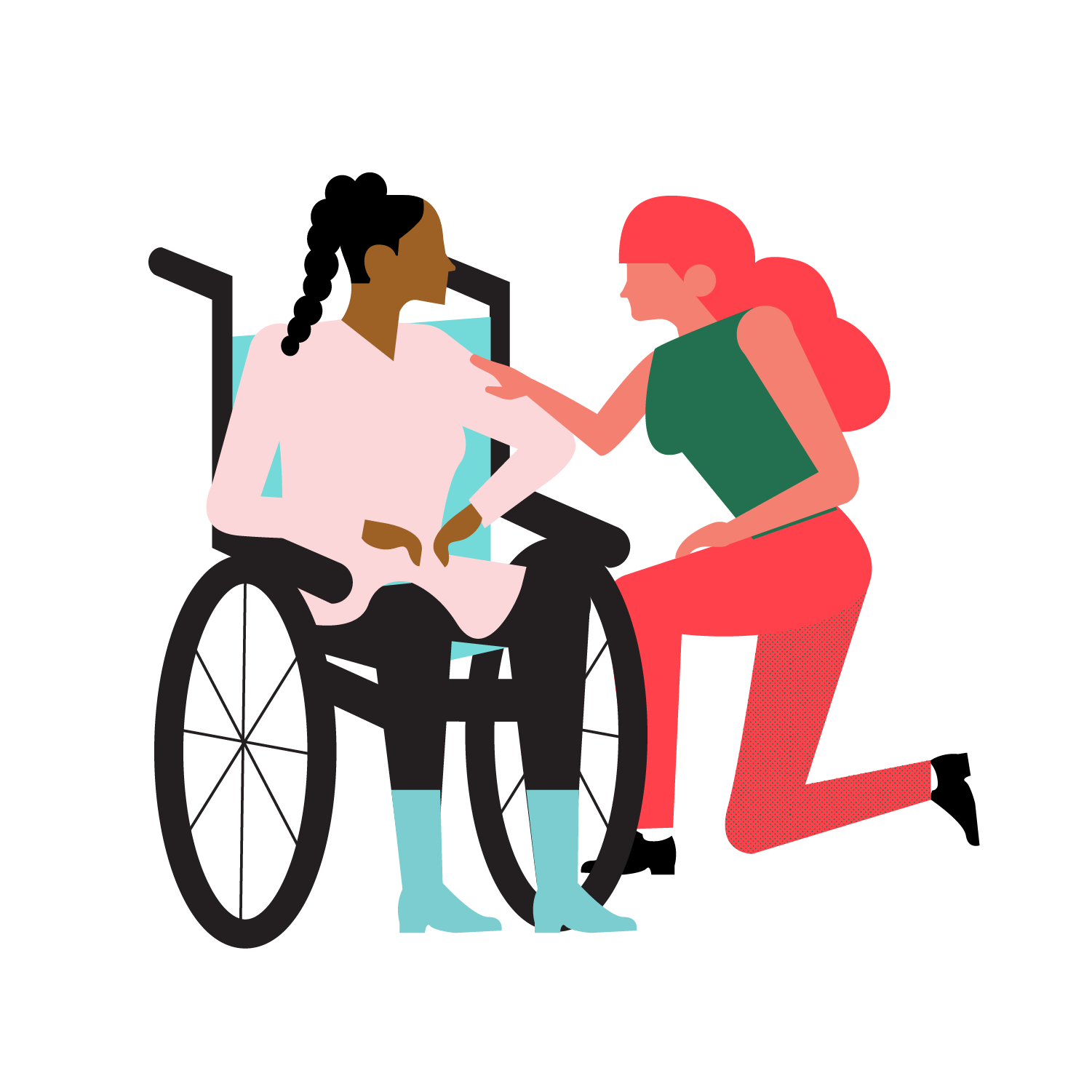 Illustration: Woman in wheelchair, woman kneeling next to her