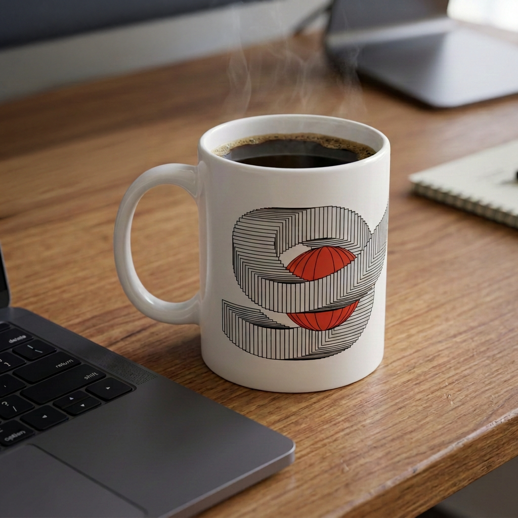 Sourcegraph branded coffee mug with custom illustration by Grafik Design Co.