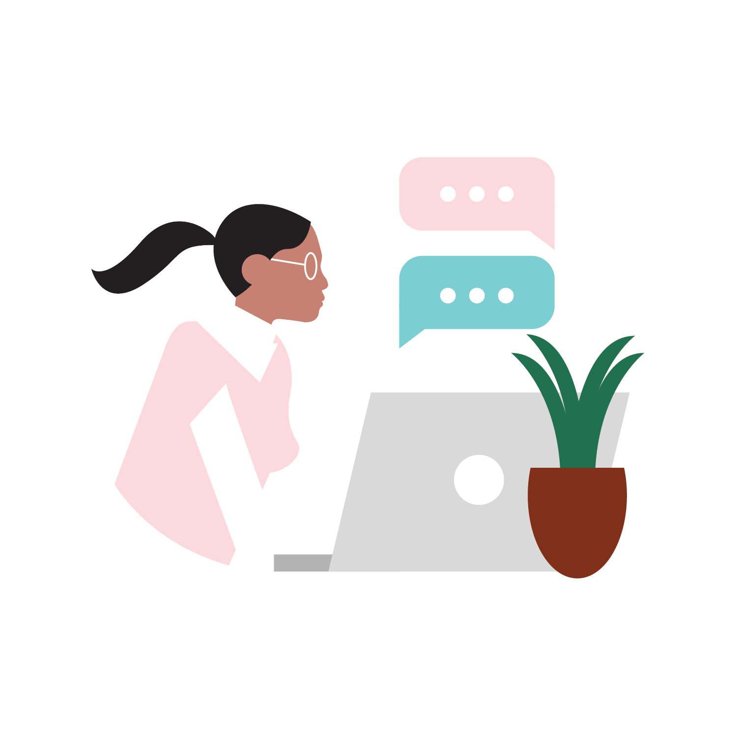 Illustration of woman using computer, with desk plant and speech bubbles