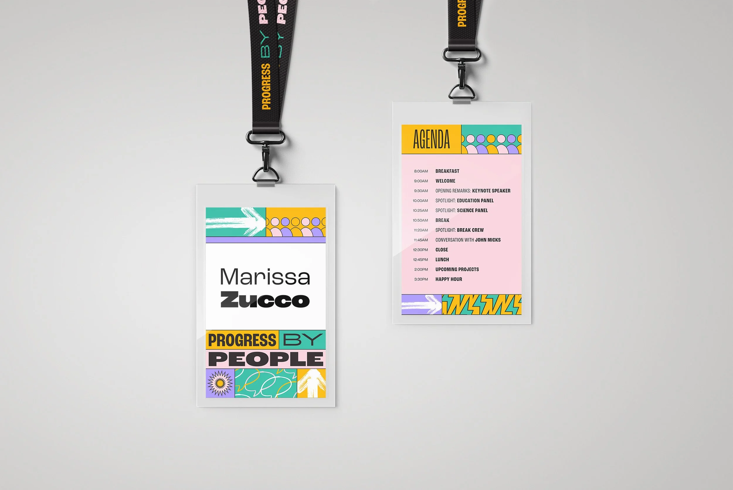 Lanyards: Front design highlighting name, back design with agenda