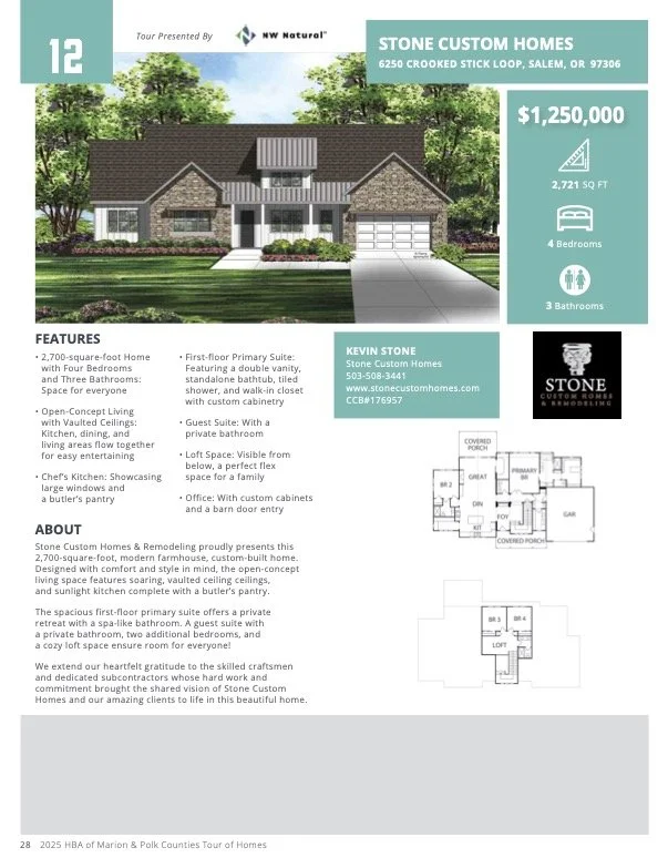 A tour home advertisement for Stone custom Homes & Remodeling tour home listed at $1,250,000, with 2,721 sq ft, 4 bedrooms, and 3 bathrooms.