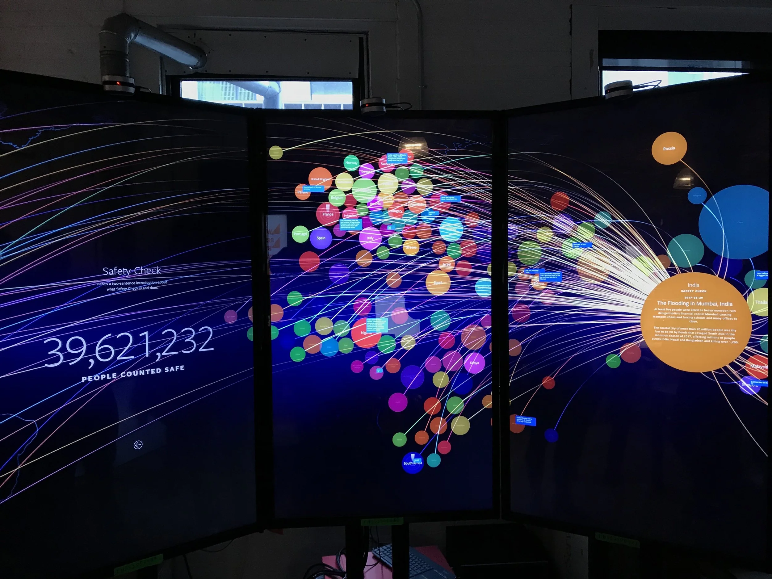 Display screen showing a colorful network visualization with connected circles representing countries, including labels such as Norway, United Kingdom, Ireland, Portugal, Spain, Italy, Greece, Israel, Kenya, South Africa, Russia, India, Thailand, Malaysia, Singapore, and others. There are lines indicating connections between the countries, with a text box titled 'Safety Check' providing additional information.