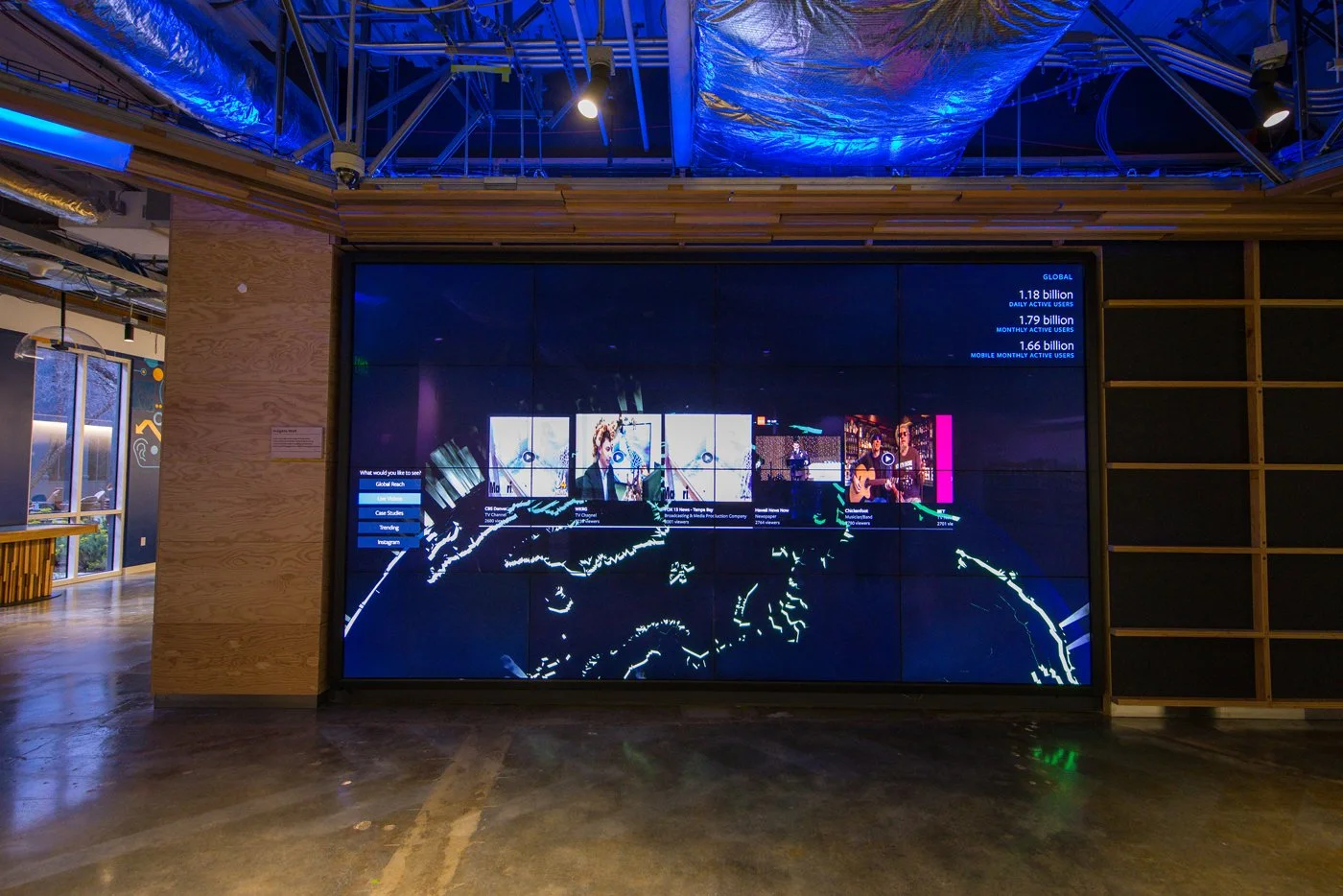 Large digital screen with information about global internet usage and a video thumbnail, in a modern interior with exposed ceiling pipes and wooden wall details.