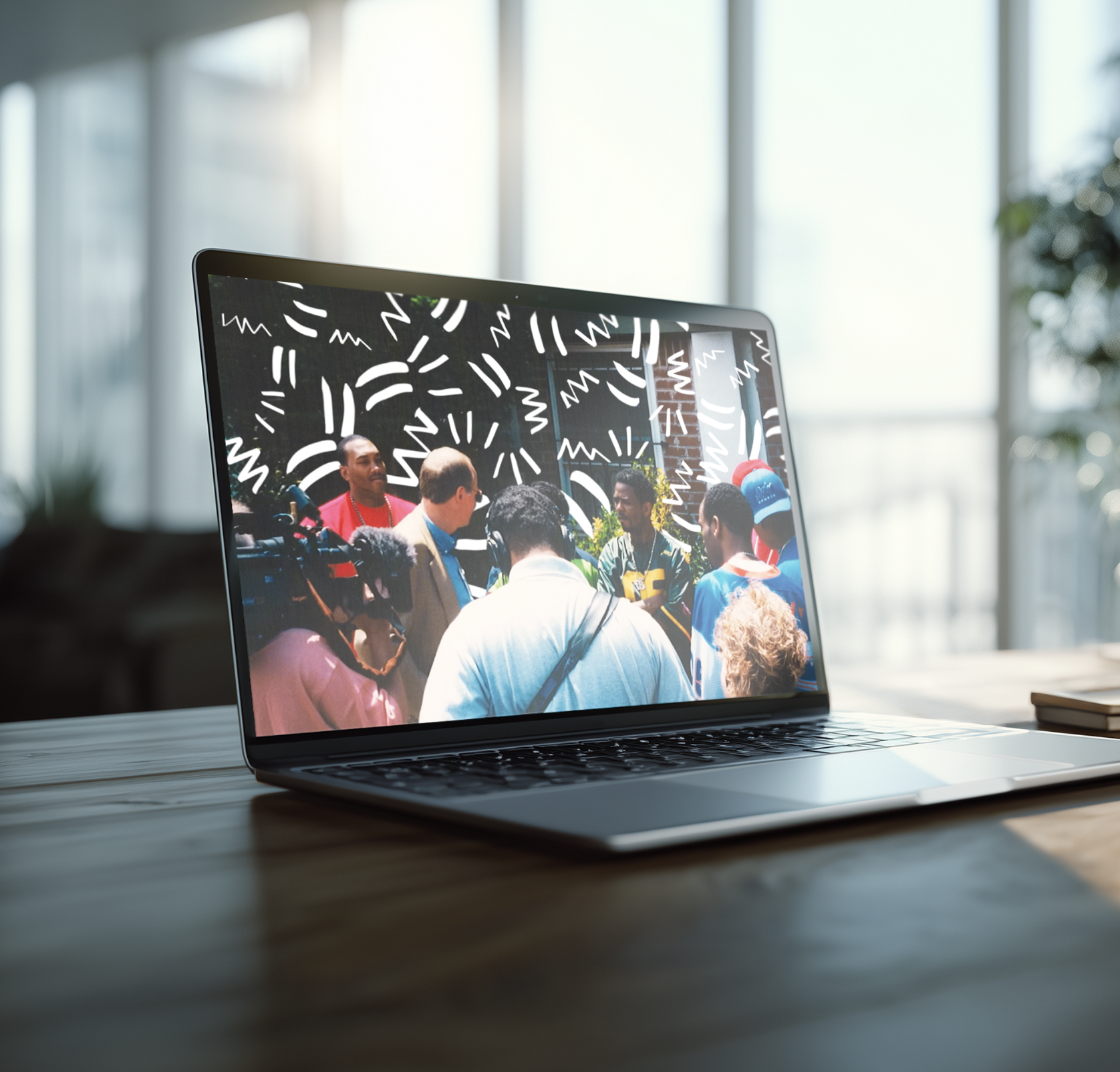 Laptop displaying a photo of a group of people at an outdoor event, with doodle-style white lines overlaid on the photo.