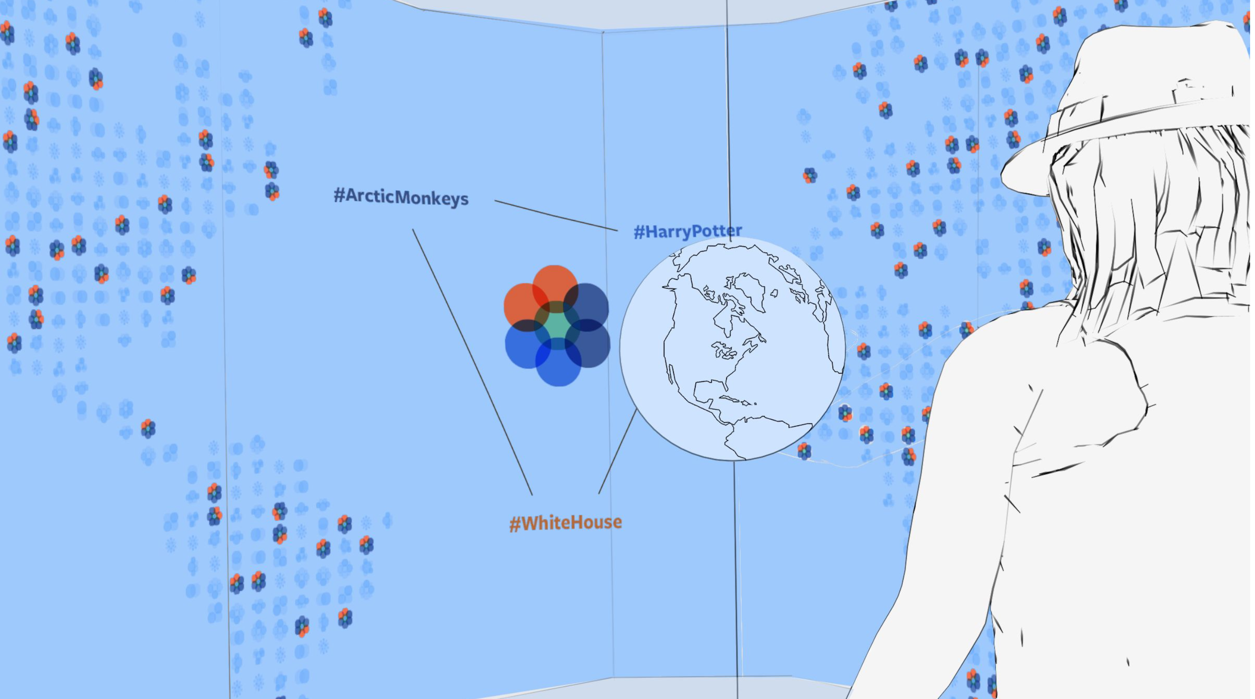 Illustration of a person with long hair wearing a hat, looking at a digital display with hashtags #ArcticMonkeys, #HarryPotter, and #WhiteHouse, surrounded by a background of blue symbols and of a globe.
