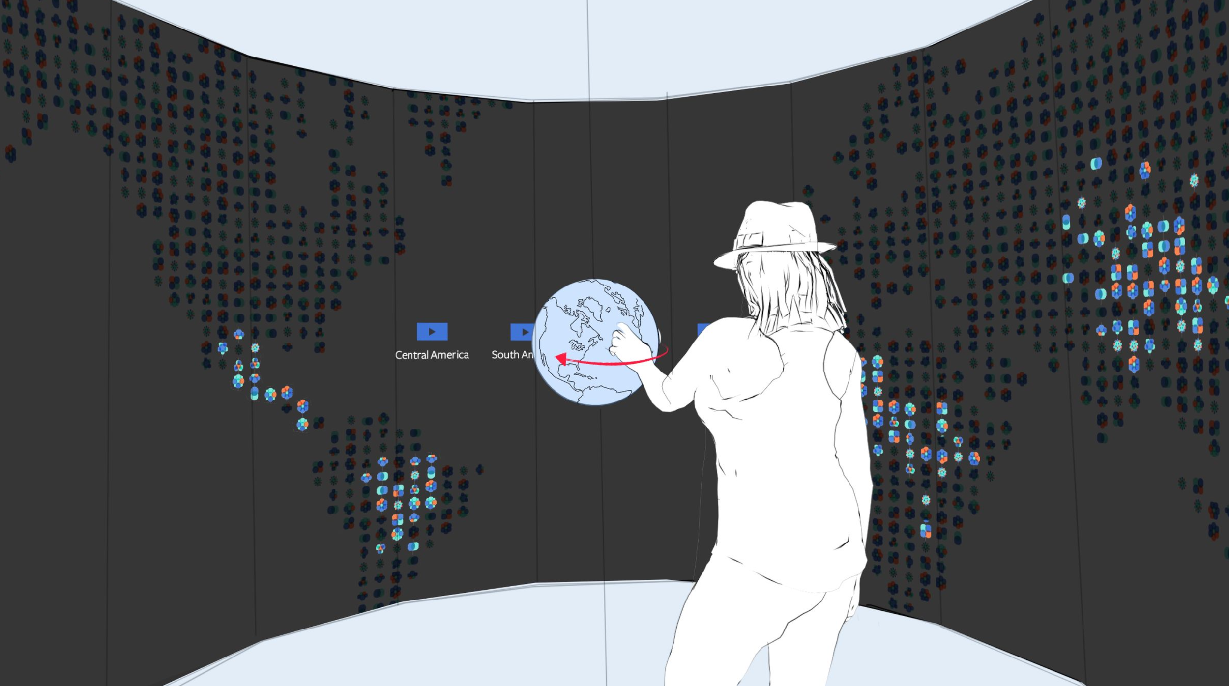 Drawing of a person wearing a hat pointing at a globe on an interactive educational display, with labeled regions Central America and South America.