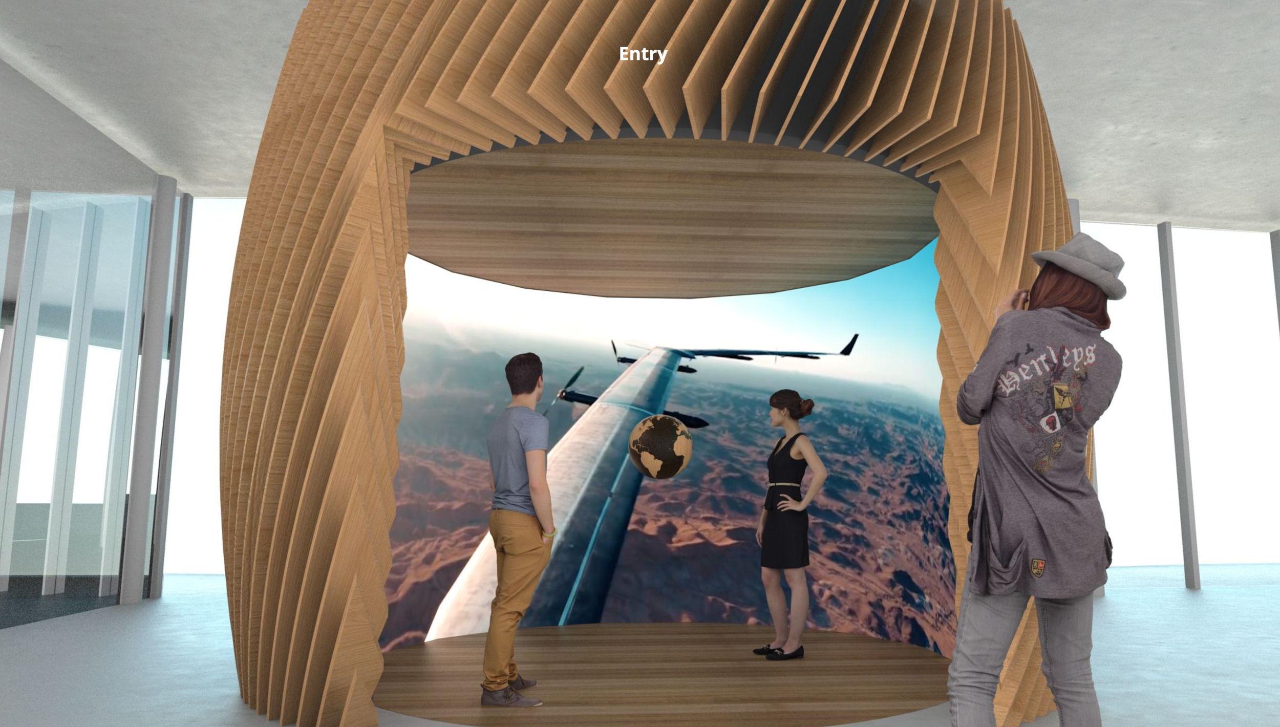 People viewing a virtual reality exhibit featuring a digital image of a jet flying over Earth, with a large wooden structure and an image of the globe.