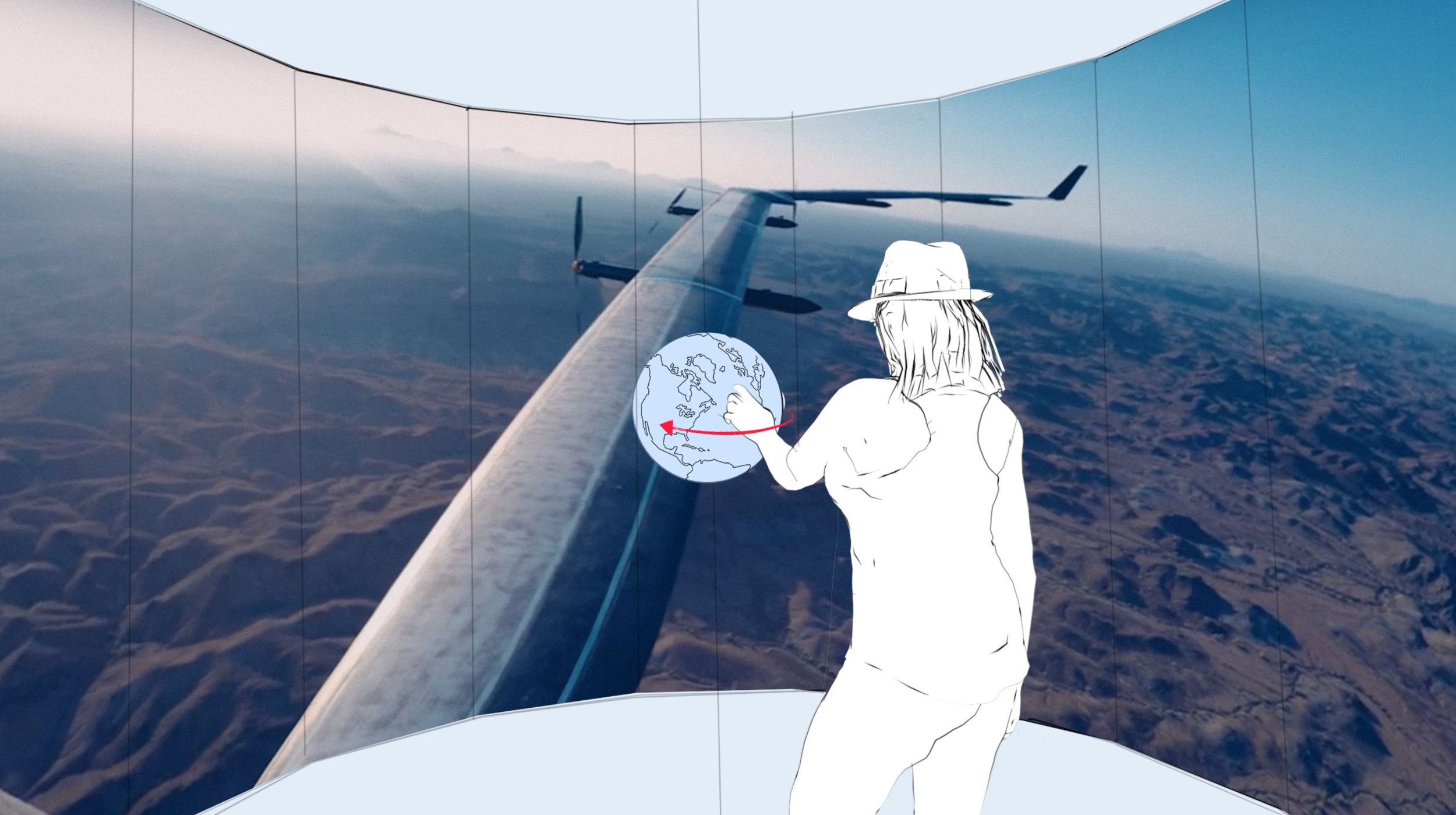 A person with a hat touching a globe in front of a panoramic view from an aircraft wing.