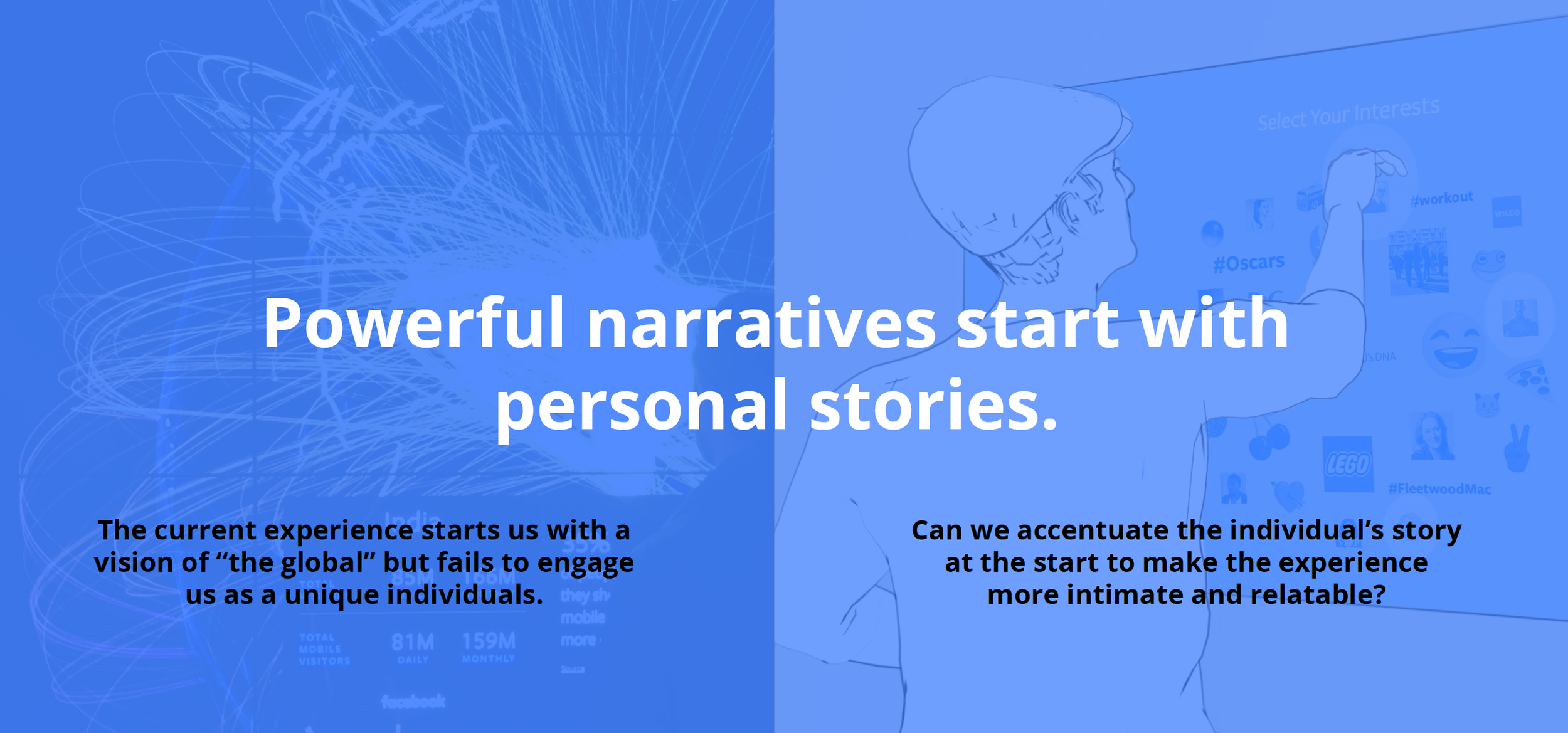 Text overlay on a blue background reads: "Powerful narratives start with personal stories." Behind the text, there is a digital illustration of a person's side profile reaching out to a virtual interface, with various icons and images visible.