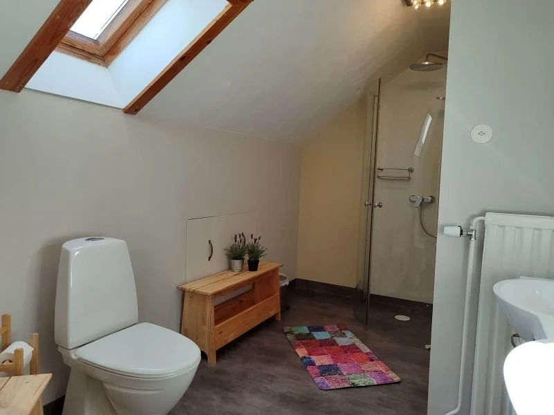 SchwedenAuszeit: geräumiges Badezimmer mit Dachfenster