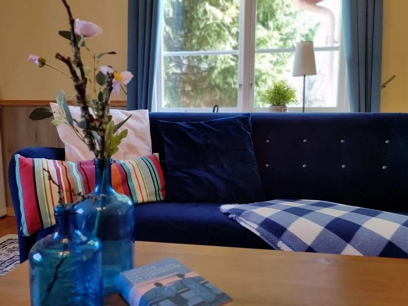 SchwedenAuszeit: Ausschnitt eines Wohnzimmers mit blauem Sofa und Dekoelementen