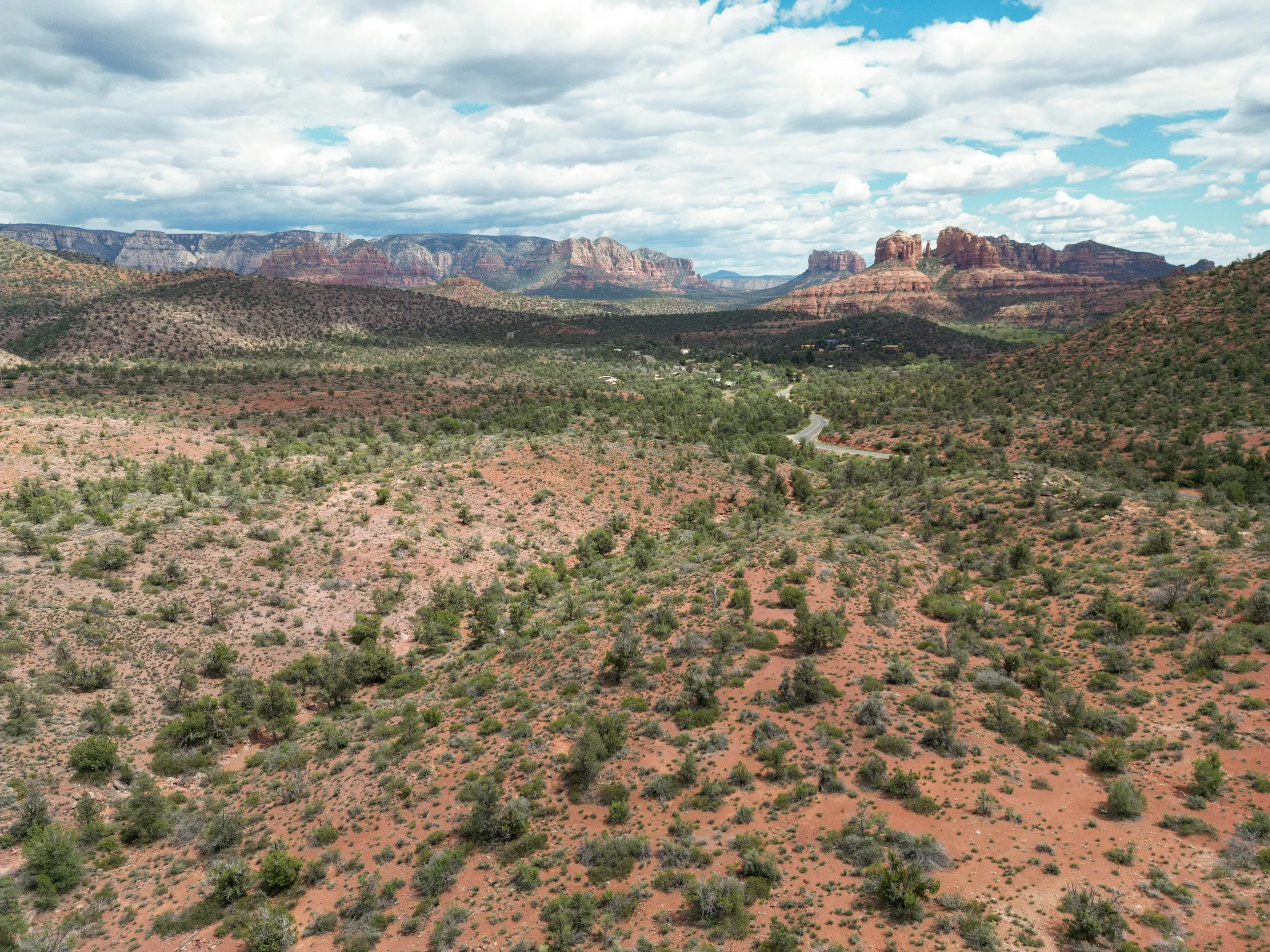 A desert landscape with red rocks, sparse green vegetation, and distant mountains under a partly cloudy sky.