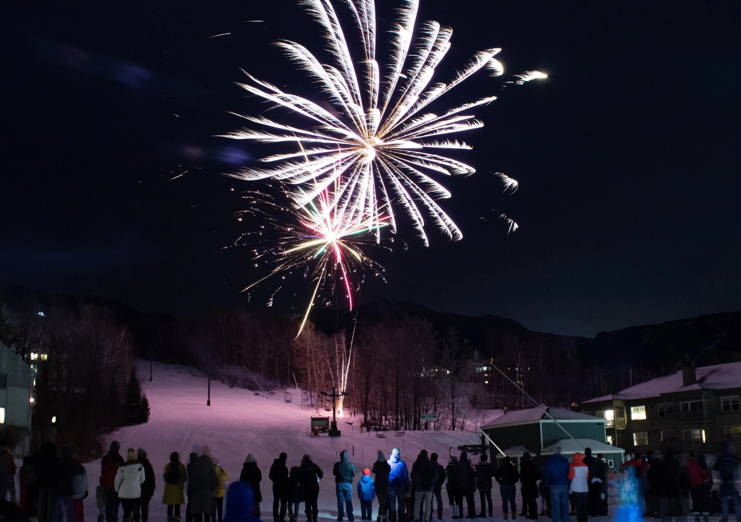 Fireworks display lighting up the night sky over a snowy landscape, with a crowd of people watching from the ground.
