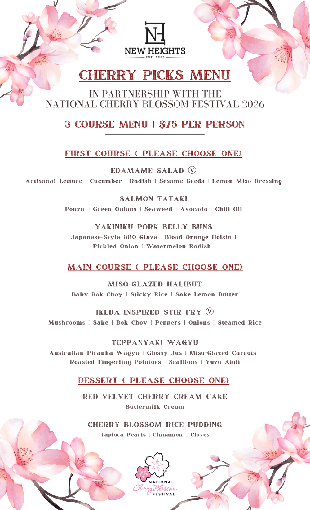 Cherry Blossom Menu 2026 — New Heights Restaurant