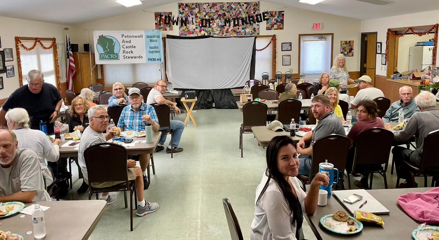 PACRS annual meeting 2024. We learned that phosphorus loads are dropping in Castle Rock and Petenwell lakes. A larger light at the end of a long tunnel. Then lunch!  Thanks to 2 Dogs Coffee shop for supplying coffee and cookies. #petenwellandcastlero