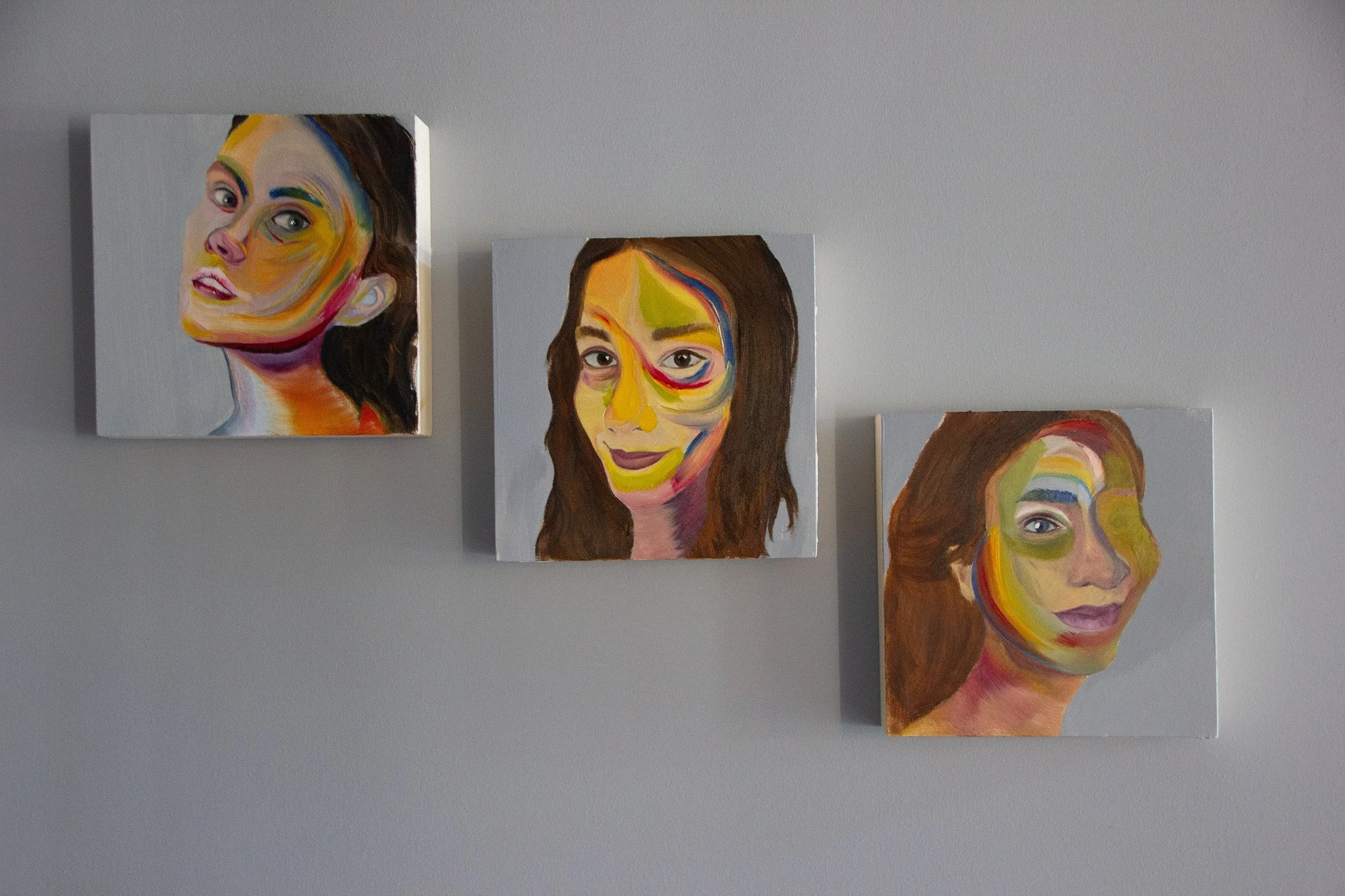 These three pieces of portraits represent individuals’ inner selves and their cores after shelling all the shields around them. In order to symbolize the idea of peeling layers, I avoided using skin tones and let the colorful palette seem like the su