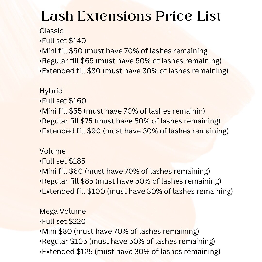 Due to the increasing cost of living and not raising prices for a few years here is our new price list for extensions. I will be updating the entire service menu this week and posting the updated price. Thank you all for your years of support and bus