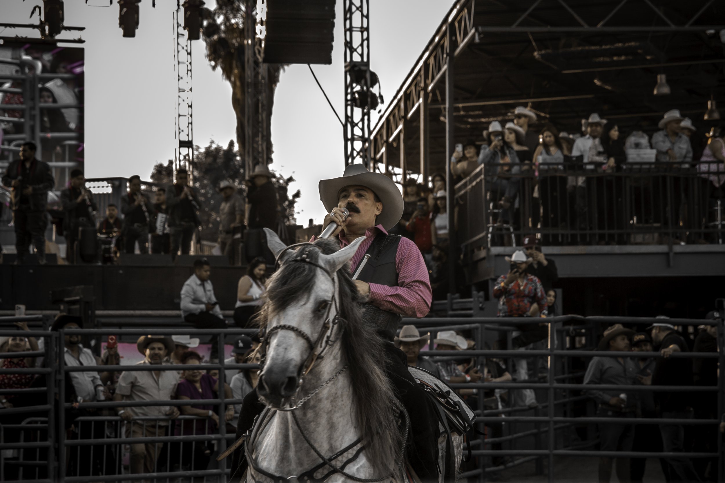 A man dressed as a cowboy, riding a white horse, speaking into a microphone during a rodeo or country event, with a large crowd watching from a raised platform in the background.