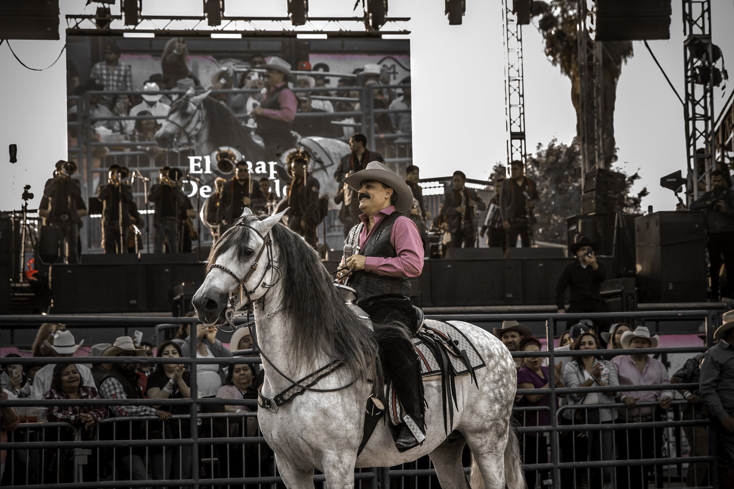 Man in cowboy hat and pink shirt riding a white horse in front of a large stage with musicians and a crowd watching at an outdoor event.