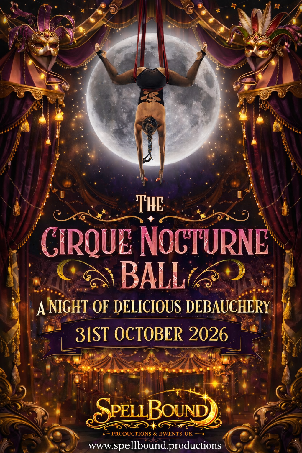 A poster for the Cirque Nocturne Ball. An aerial performer dangles by silks in front of a full moon.