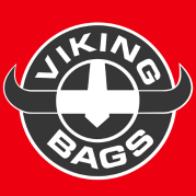 Logo of the VIKING BAGS with a black, white, and red circular design featuring a Viking helmet.