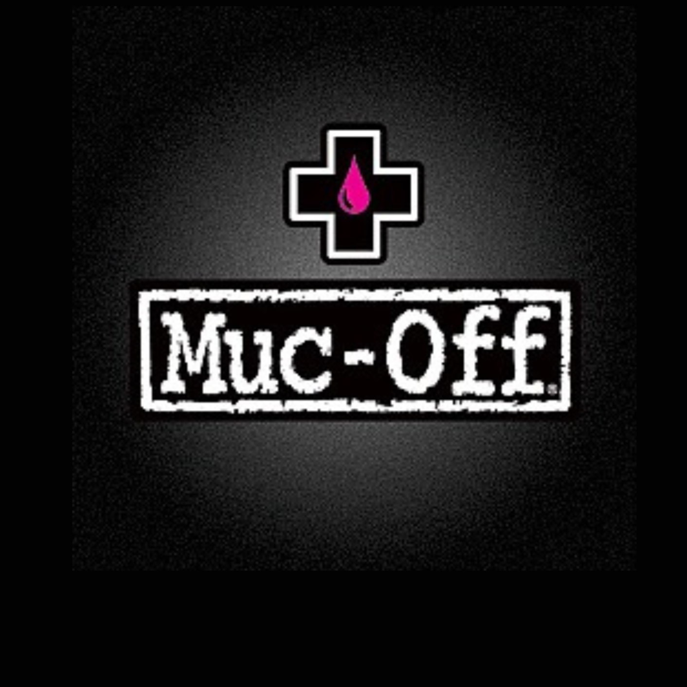 A black background with a white medical cross symbol and a pink drop inside it, above the text 'MUC-OFF' in distressed white letters.