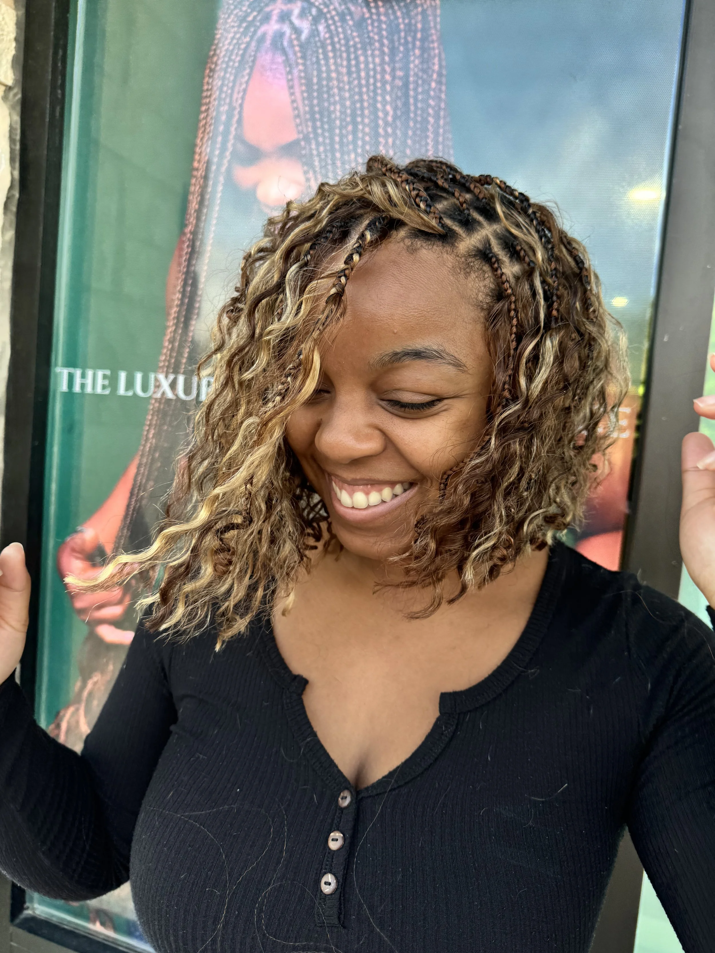 Short blonde and brown boho braids with curly human hair at Legacy Braids in McKinney, TX