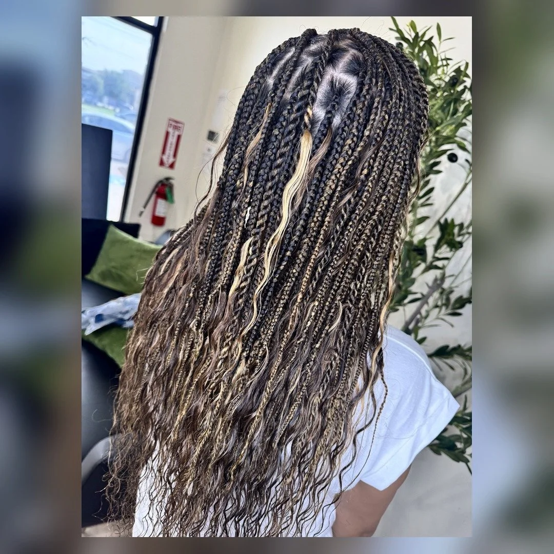 Long highlighted boho braids  and Twist mixed with curly human hair shown from the back at Legacy Braids in McKinney, TX