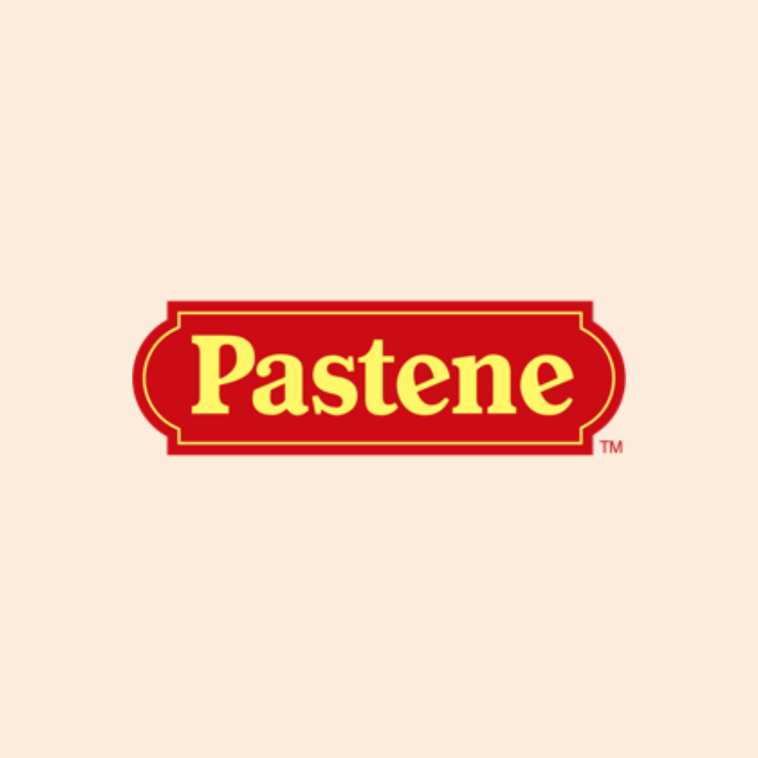 Logo of Pastene with red background and yellow text on a beige background.