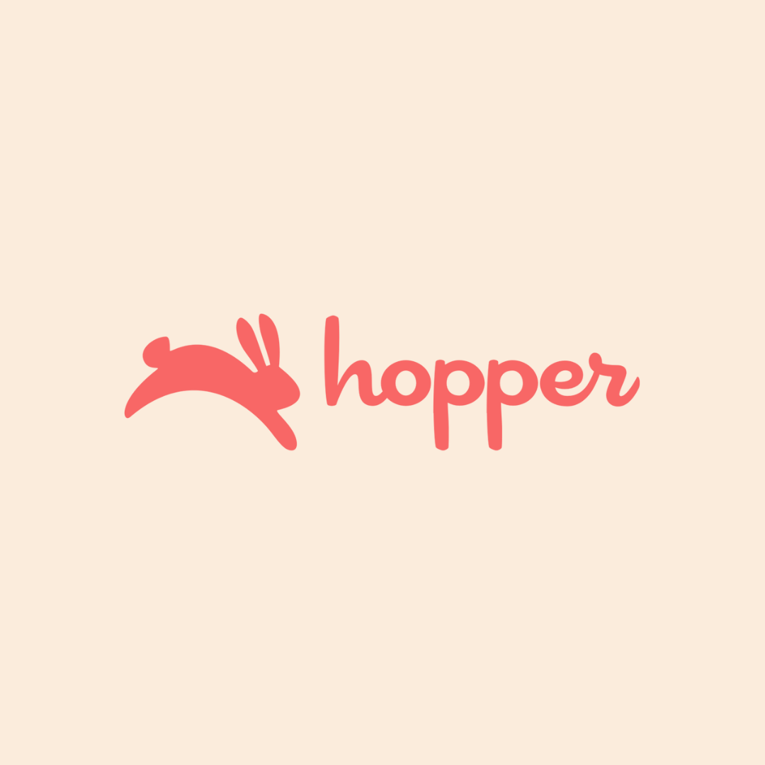 Logo for Hopper with a minimalist bunny illustration and the word 'hopper' in pink cursive lettering