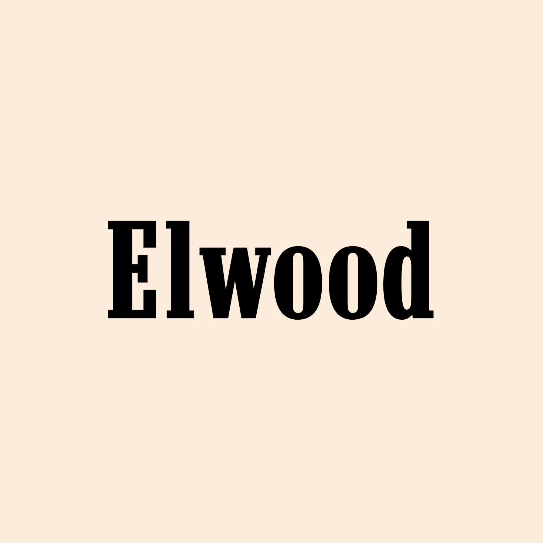 Text on a beige background that reads 'Elwood' in bold black font.