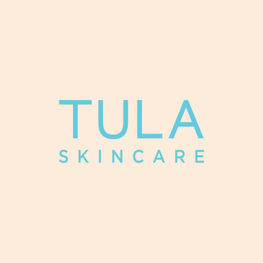Tula Skincare logo in light blue text on a beige background