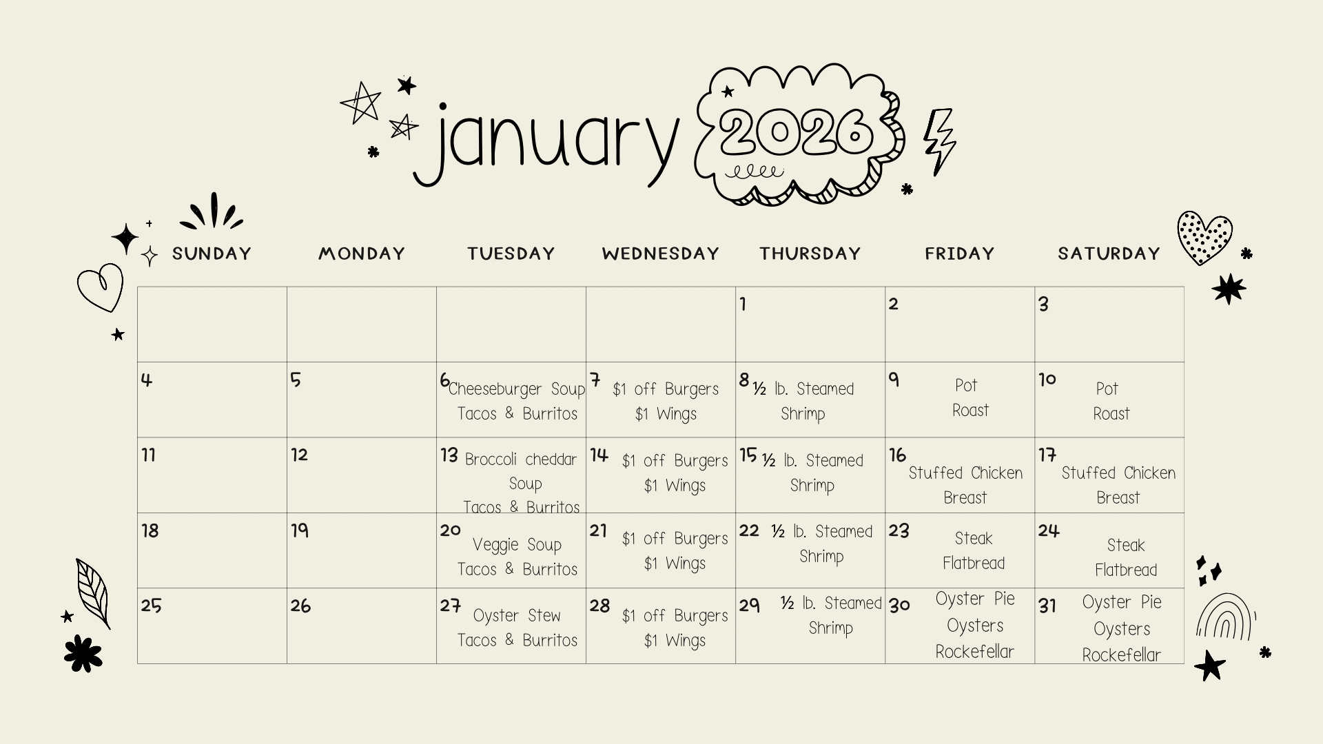 Beige and Black Hand Drawn Doodle January 2026 Calendar.png